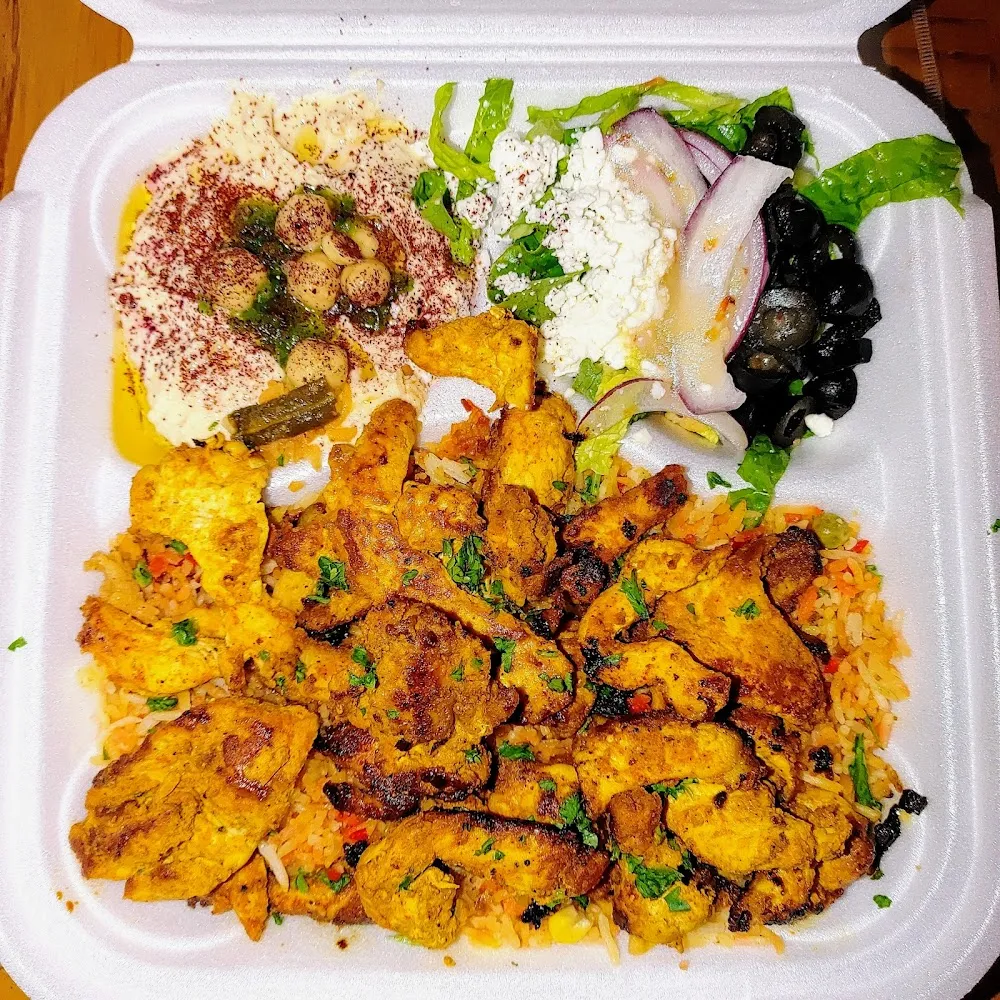 Grilled Meats with Rice and Hummus